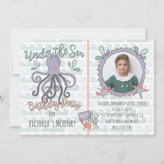 Onder het Zee Octopus Birthday Party Afbeelding In Kaart (Voorkant)