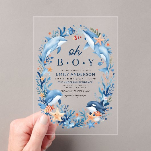 Onder het Zee Oh Boy Blue Baby shower Acryl Uitnodigingen (Insitu (Draagbaar))