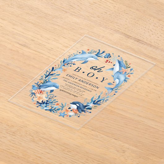 Onder het Zee Oh Boy Blue Baby shower Acryl Uitnodigingen (Laagn)