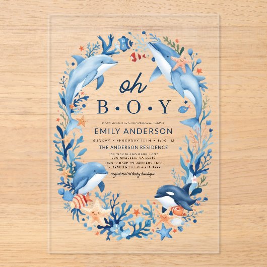 Onder het Zee Oh Boy Blue Baby shower Acryl Uitnodigingen (Voorkant)