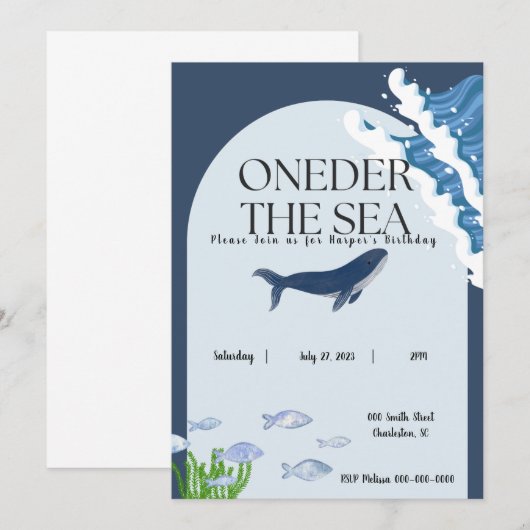 Onder het Zee One Year Old Birthday Invitation Kaart (Voorkant / Achterkant)