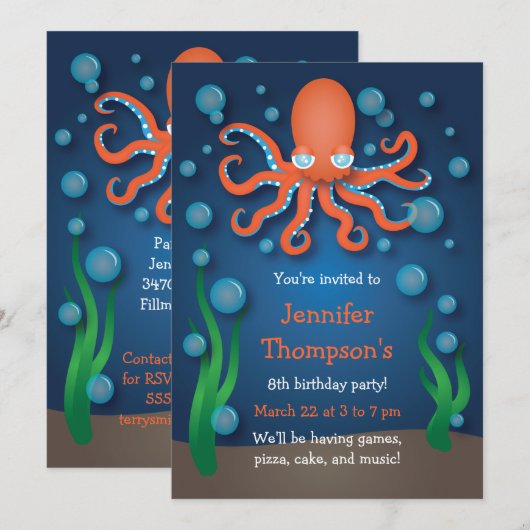 Onder het Zee Oranje Octopus Verjaardagsuitnodigin Kaart (Voorkant / Achterkant)