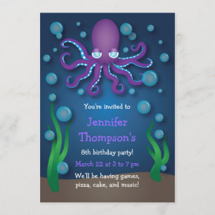Onder het Zee Paarse Octopus Verjaardagsuitnodigin Kaart