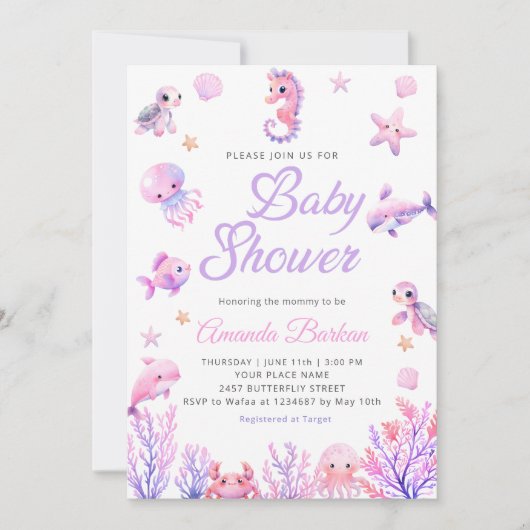 Onder het Zee paarse schattige Baby shower Kaart (Voorkant)