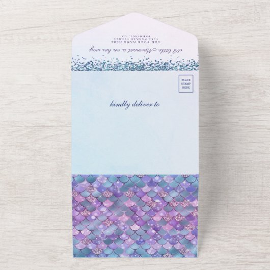 Onder het Zee Paarse zeemeermin Baby shower All In One Uitnodiging (Buitenkant)