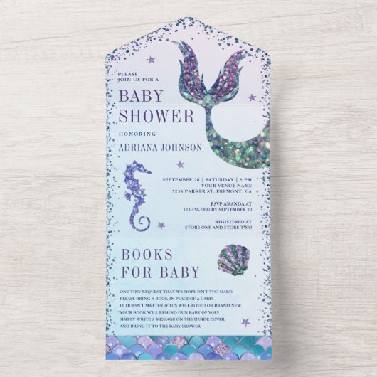 Onder het Zee Paarse zeemeermin Baby shower All In One Uitnodiging (Binnen)