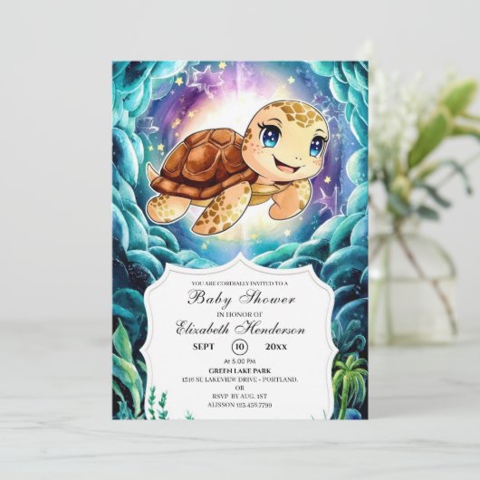 Onder het Zee Pastel Turtle Baby shower Kaart (Staand voorkant)