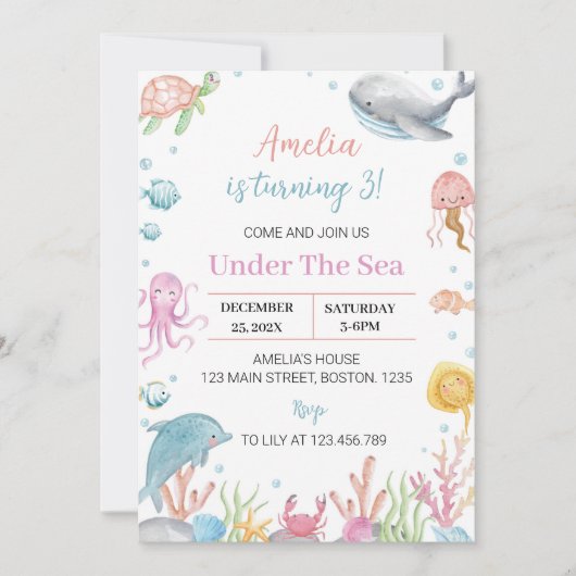 Onder het Zee Pastel Verjaardagsuitnodiging Ocean Kaart (Voorkant)