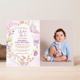 Onder het Zee Pink Girl First Birthday Party Kaart