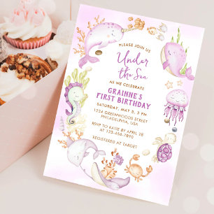 Onder het Zee Pink Girl First Birthday Party Kaart