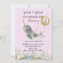 Onder het Zee Pink Narwhal Birthday Invitation