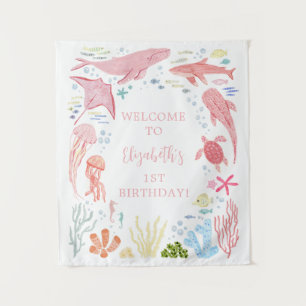 Onder het Zee Pink Ocean Animals Birthday Wandkleed