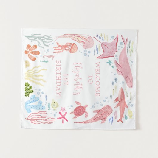 Onder het Zee Pink Ocean Animals Birthday Wandkleed (Voorkant (horizontaal))