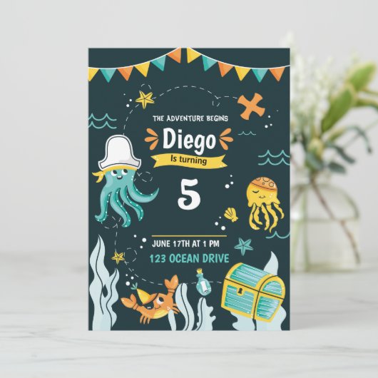 Onder het Zee Pirate Birthday Invitation Kaart (Staand voorkant)