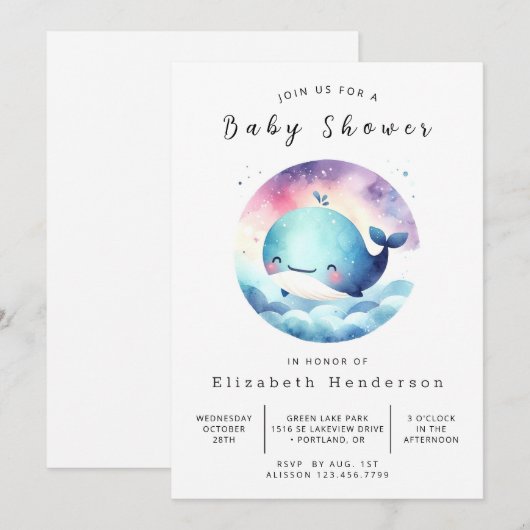Onder het Zee Printable Whale Baby shower Kaart (Voorkant / Achterkant)