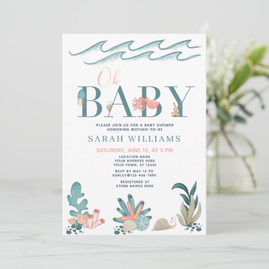 Onder het Zee QR Code Waterverf Oh Baby shower Kaart (Staand voorkant)