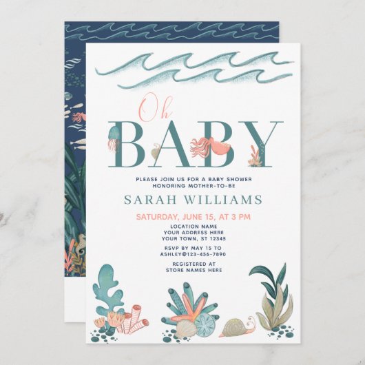 Onder het Zee QR Code Waterverf Oh Baby shower Kaart (Voorkant / Achterkant)