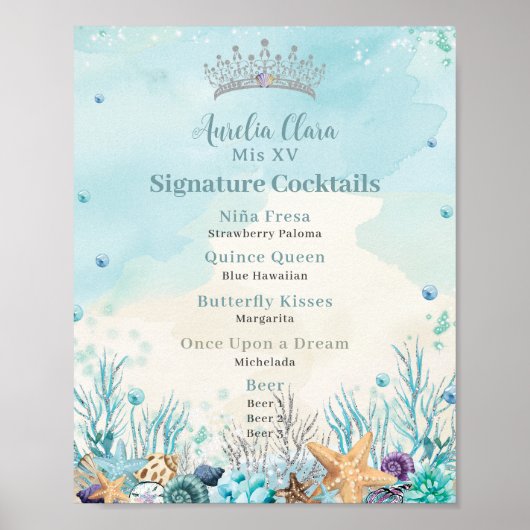 Onder het Zee Quinceanera Cocktails Bar Menu Poster (Voorkant)