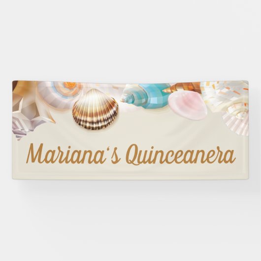 Onder het Zee Quinceanera Party Seashells Border Spandoek (Horizontaal)