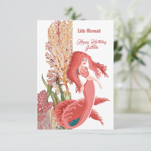 Onder het Zee Red Mermaid Coral Birthday Greeting Kaart (Staand voorkant)