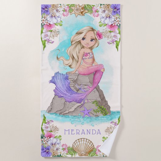 Onder het Zee Roze en Paarse Zeemeermin (Blonde) Strandlaken (Voorkant)