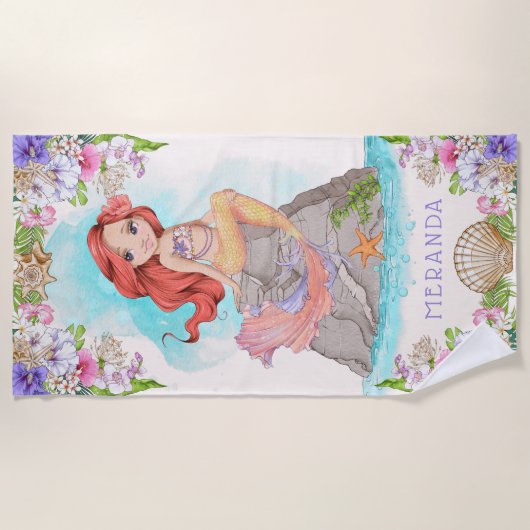 Onder het Zee Roze en Paarse Zeemeermin (Red Hair) Strandlaken (Voorkant)