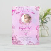 Onder het Zee Roze Fotomeisje 1e Verjaardagsfeest Kaart (Staand voorkant)