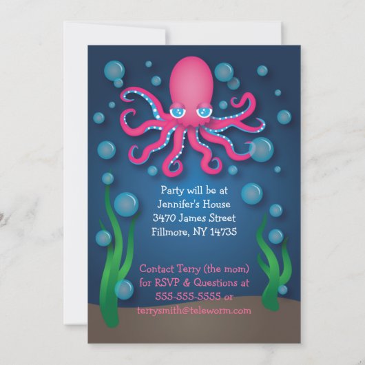 Onder het Zee Roze Octopus Verjaardagsuitnodiginge Kaart (Achterkant)