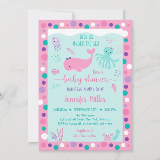 Onder het Zee Roze Paars Nautisch Baby shower Kaart (Voorkant)
