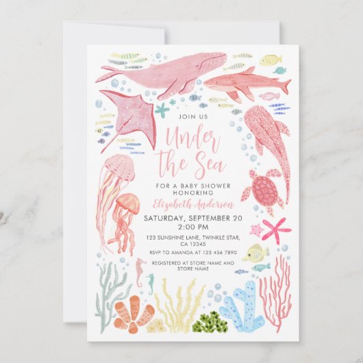 Onder het Zee Roze Zee Dieren Baby shower Kaart (Voorkant)
