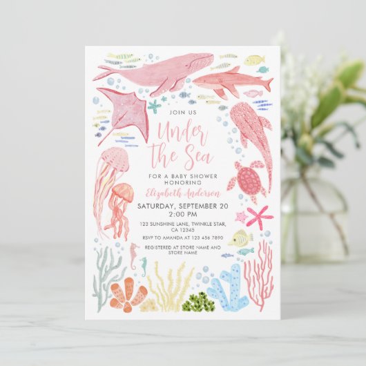 Onder het Zee Roze Zee Dieren Baby shower Kaart (Staand voorkant)