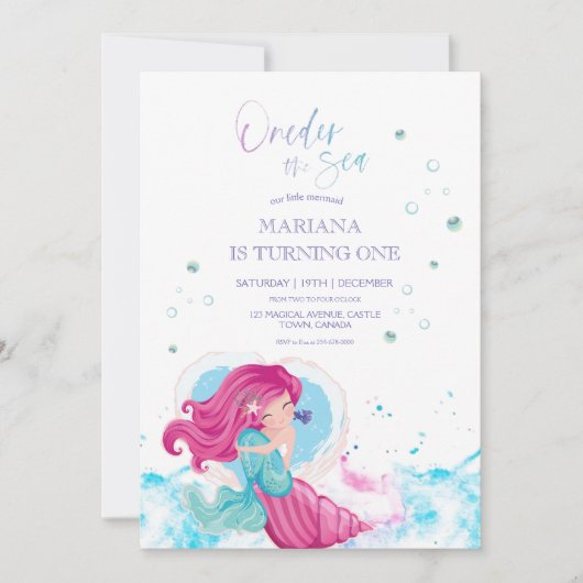 Onder het Zee Roze Zeemeermin Ocean Girly 1st Kaart (Voorkant)