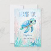 Onder het zee schattig schildpad aqua blauw baby s bedankkaart (Voorkant)
