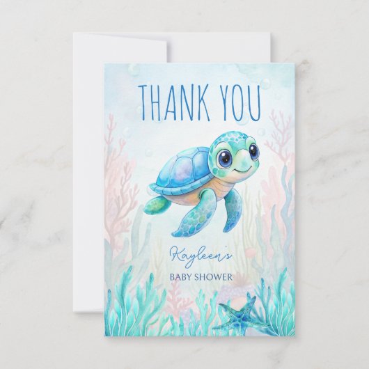 Onder het zee schattig schildpad aqua blauw baby s bedankkaart (Voorkant)