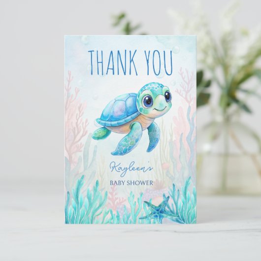 Onder het zee schattig schildpad aqua blauw baby s bedankkaart (Staand voorkant)