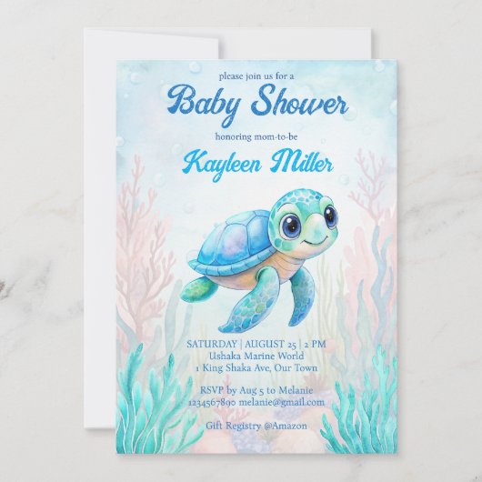 Onder het zee schattig schildpad aqua blauw baby s kaart (Voorkant)