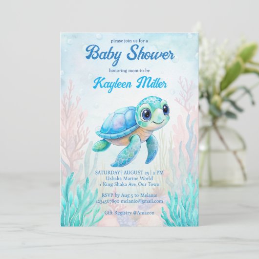 Onder het zee schattig schildpad aqua blauw baby s kaart (Staand voorkant)