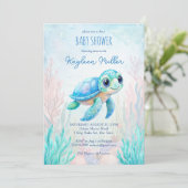 Onder het zee schattig schildpad aqua blauw baby s kaart (Staand voorkant)