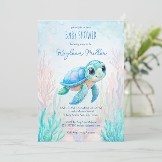 Onder het zee schattig schildpad aqua blauw baby s kaart (Staand voorkant)