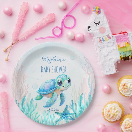 Onder het zee schattig schildpad aqua blauw baby s papieren bordje (Feest)