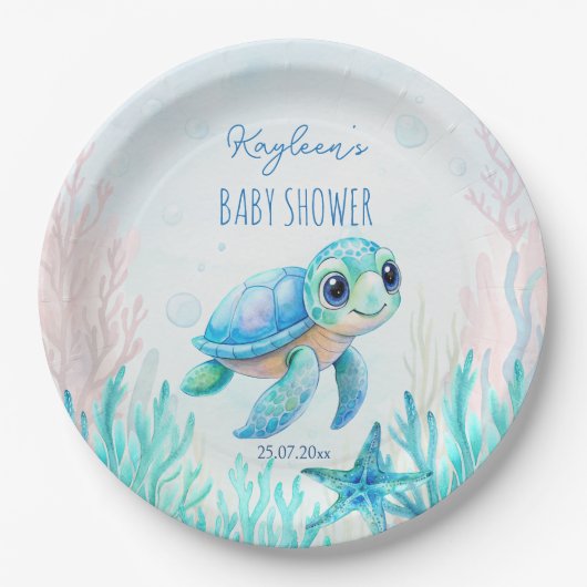 Onder het zee schattig schildpad aqua blauw baby s papieren bordje (Voorkant)