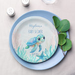 Onder het zee schattig schildpad aqua blauw baby s papieren bordje<br><div class="desc">Onder het zee schattig zee schildpad aqua blauw baby shower gepersonaliseerd monogram bedrukt papier borden sjabloon,  slok en zee baby boy baby shower gepersonaliseerde tafel decor papier borden</div>