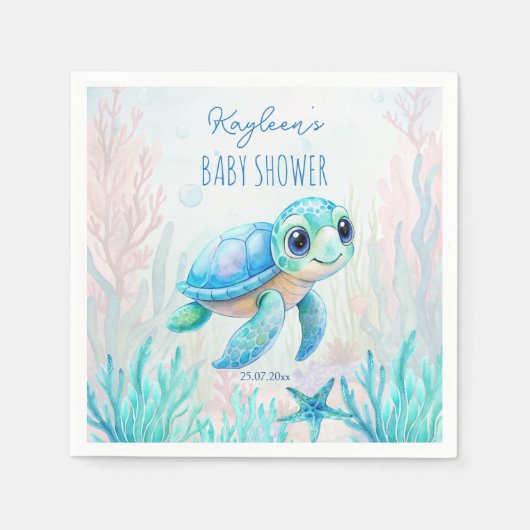 Onder het zee schattig schildpad aqua blauw baby s servet (Voorkant)