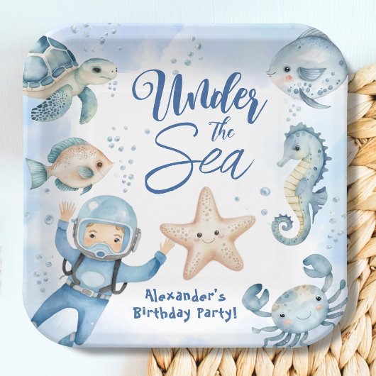 Onder het Zee! Schattige Boy Blue Ocean verjaardag Papieren Bordje