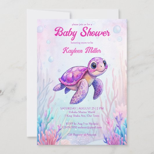 Onder het zee schattige schildpad paarse roze baby kaart (Voorkant)