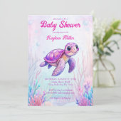 Onder het zee schattige schildpad paarse roze baby kaart (Staand voorkant)