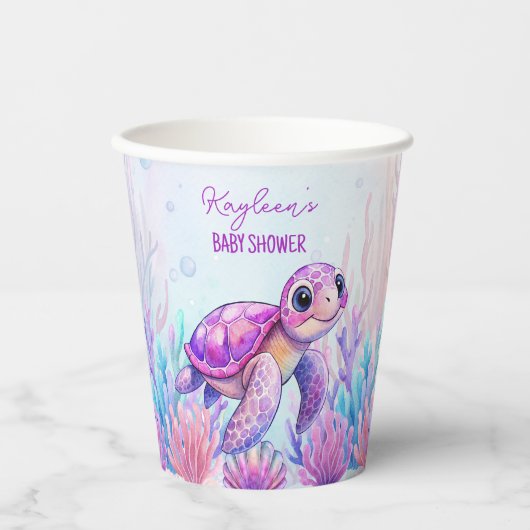 Onder het zee schattige schildpad paarse roze baby papieren bekers (Voorkant)