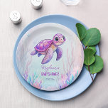 Onder het zee schattige schildpad paarse roze baby papieren bordje<br><div class="desc">Onder het zee schattig zee schildpad roze paarse baby shower monogram gepersonaliseerde bedrukte papieren borden sjabloon,  slok en zee baby boy girl shower gepersonaliseerde tafeldecor</div>