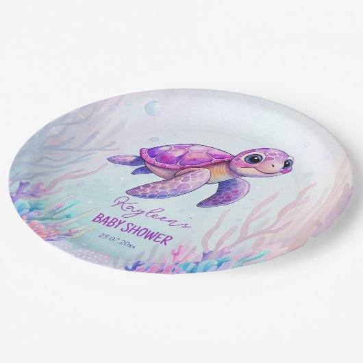 Onder het zee schattige schildpad paarse roze baby papieren bordje (Gekanteld)