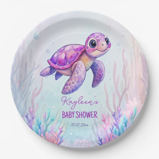 Onder het zee schattige schildpad paarse roze baby papieren bordje (Voorkant)